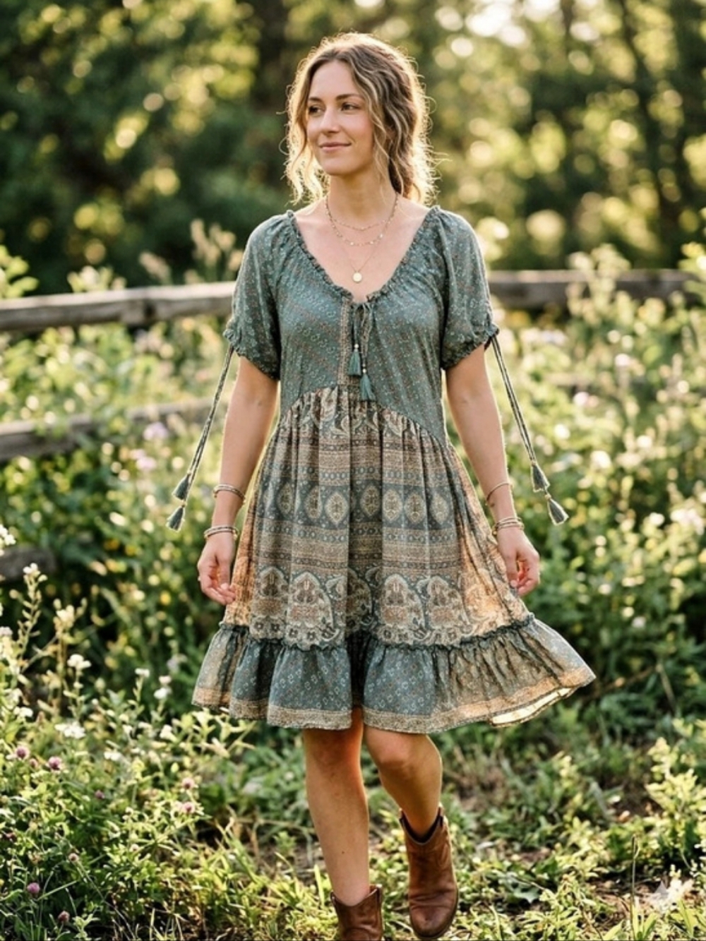 Women's Green & Brown Geometric Mini Silk Blend Dress